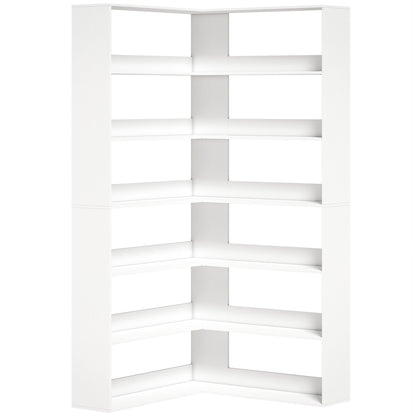 HOMCOM 7 Tiers Bookshelf, L-Shaped Corner Bookcase with Anti-Slip Rear Guard, White Wood Effect
