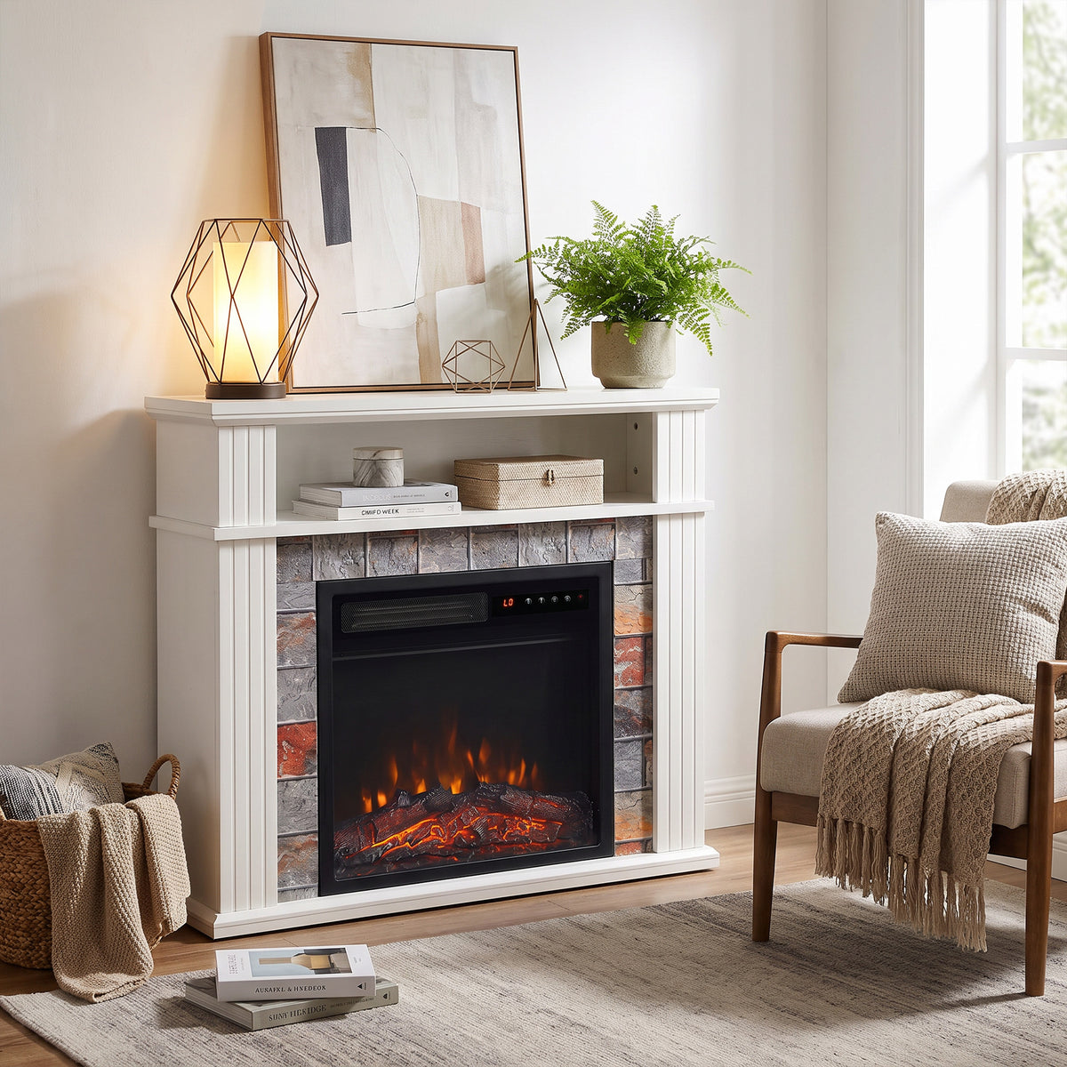 HOMCOM Freestanding Electric Fireplace Suite, 1800W, Open Shelf, Electric Fire and Surround with LED Flame, Remote, White