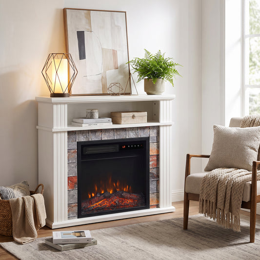 HOMCOM Freestanding Electric Fireplace Suite, 1800W, Open Shelf, Electric Fire and Surround with LED Flame, Remote, White