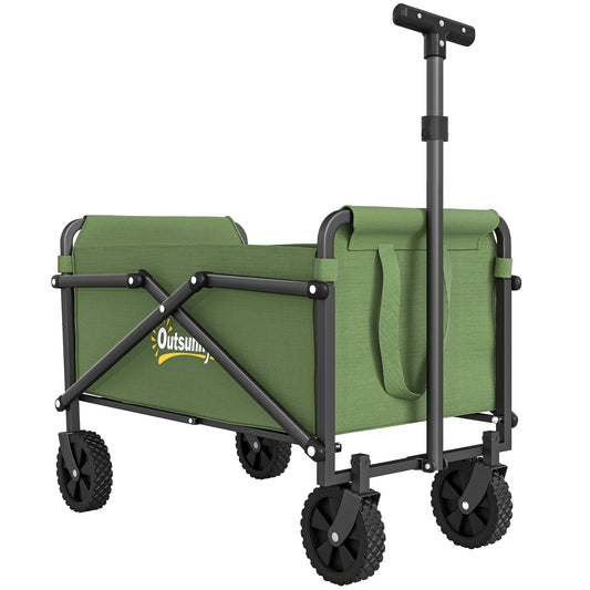 Outsunny 41L Festival Trolley on Wheels, Small Garden Folding Trolley Cart, 60kg Heavy Duty Collapsible Folding Wagon with Adjustable Handle and Carrying Bag for Beach, Camping, Festival, Green