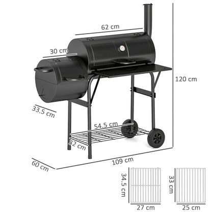 Outsunny Barbecue Grill Portable Outdoor Charcoal BBQ Grill with Offset Smoker 109 x 60 x 120 cm Black