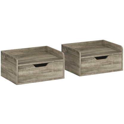 HOMCOM Floating Nightstands Set of 2, Wall Mounted Bedside Table with Drawer for Bedroom, Grey Wood Effect