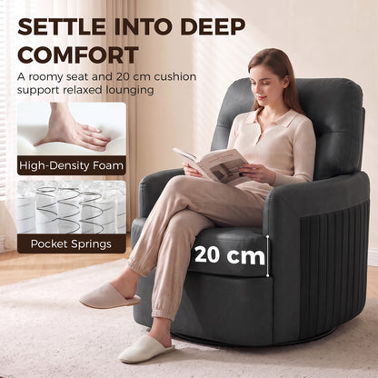 HOMCOM 360° Swivel Accent Chair, Modern Armchair with Thick Cushion, PU Leather Upholstered, Dark Grey