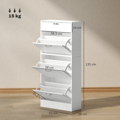 HOMCOM Marble Shoe Storage Cabinet with 3 Flip Drawers, Hallway Cabinet with Top Drawer and Adjustable Shelves, Shoe Cupboard for 18 Pairs, White
