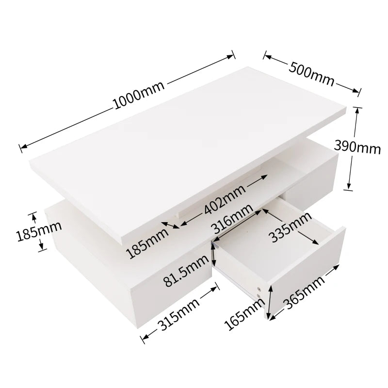 High-Gloss Coffee Table with Drawer, Two Storage Levels and LED Light, 100x50x39 cm, White