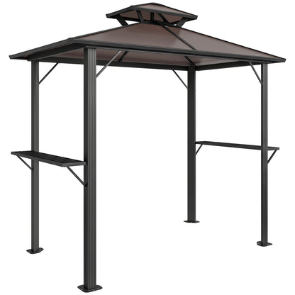 Outsunny 2.5 x 1.5 m Hardtop Grill Gazebo with Double Roof, Aluminium Outdoor BBQ Gazebo Shelter with 2 Side Shelves, Brown