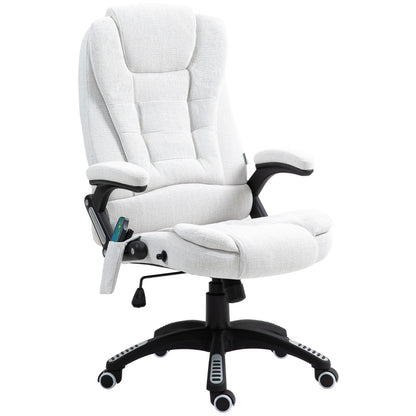 Vinsetto Massage Recliner Chair Heated Office Chair with Six Massage Points Linen-Feel Fabric 360° Swivel Wheels Cream White