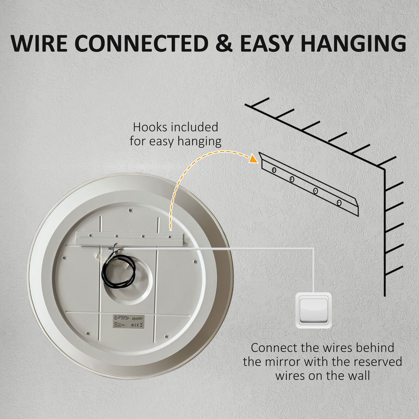 مرايا حمام دائرية مضيئة من كلينكين مع إضاءة LED خافتة، مرآة حائط مثبتة بثلاثة ألوان، تعمل باللمس الذكي، مضادة للضباب، 60 سم