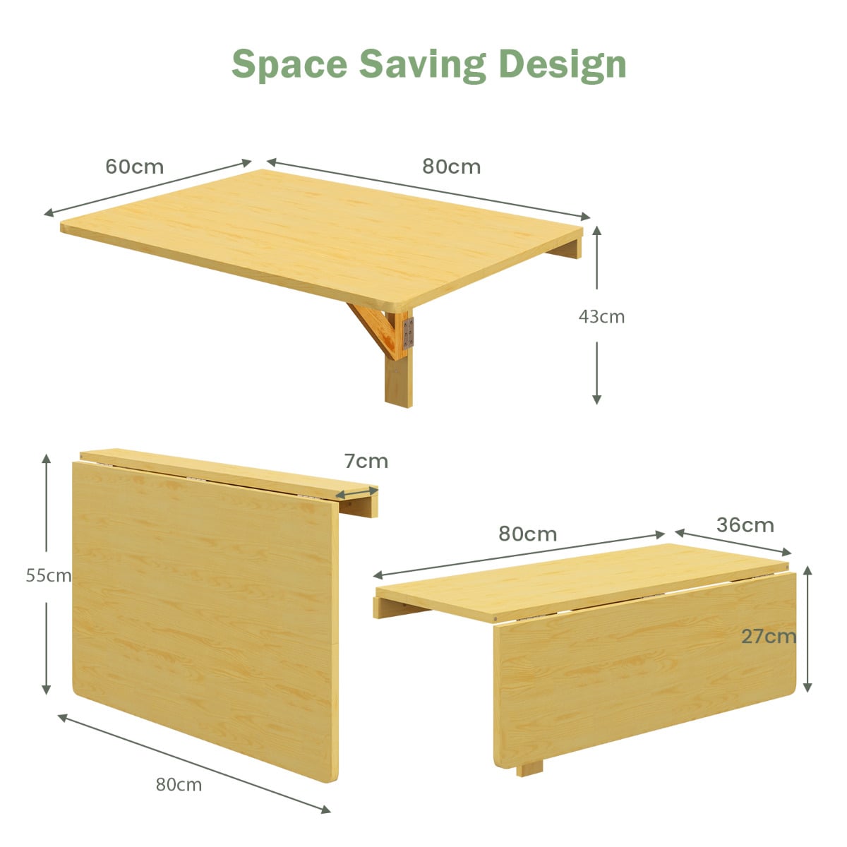 80 x 60 cm Wall Mounted Folding Table Drop-Leaf Floating Writing Desk-Natural