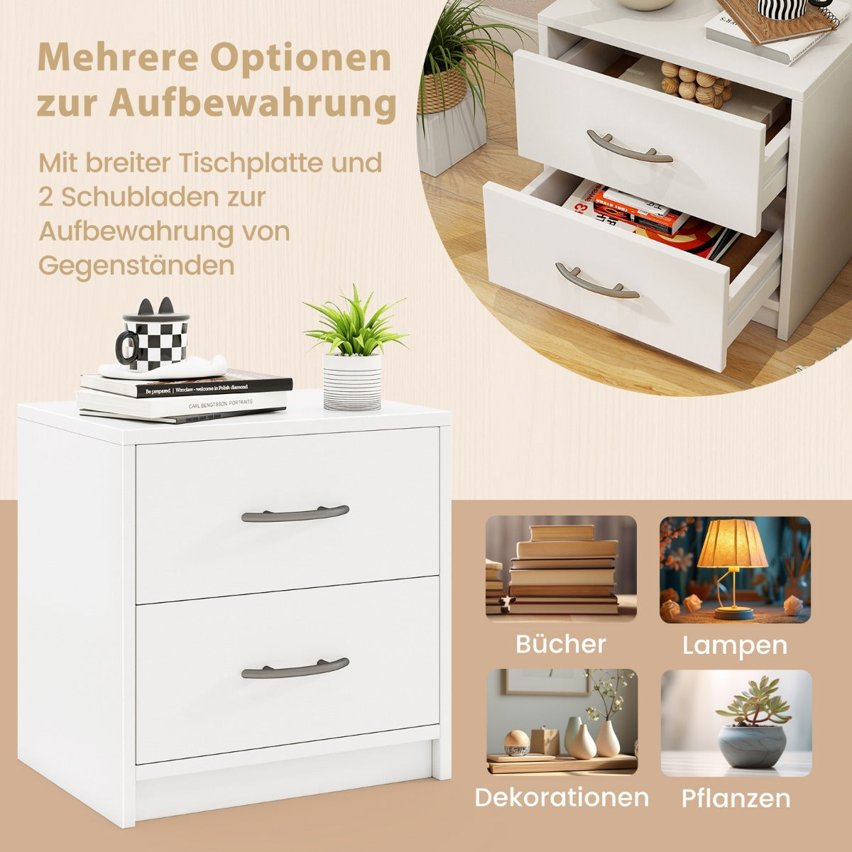 2 Drawer Nightstand with Storage for Living Room-White