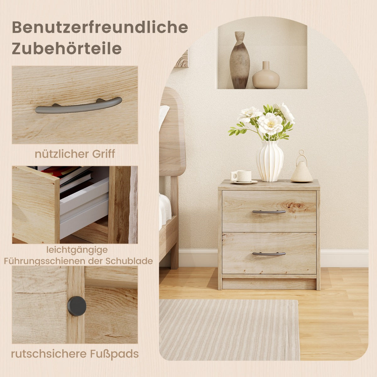 2 Drawer Nightstand with Storage for Living Room-Oak