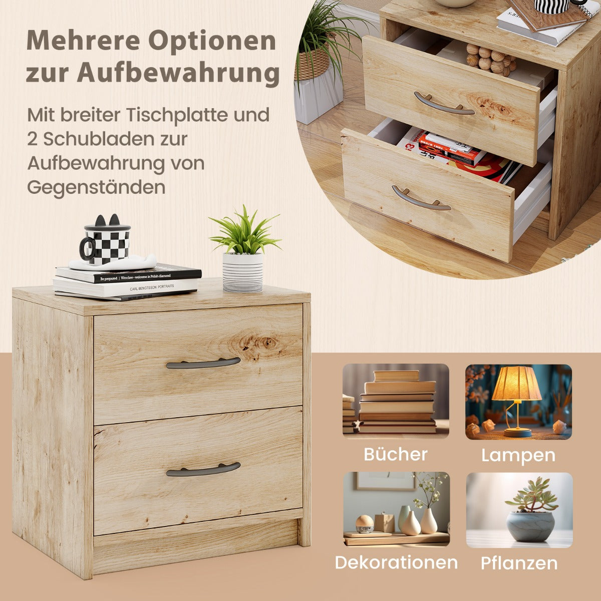 2 Drawer Nightstand with Storage for Living Room-Oak