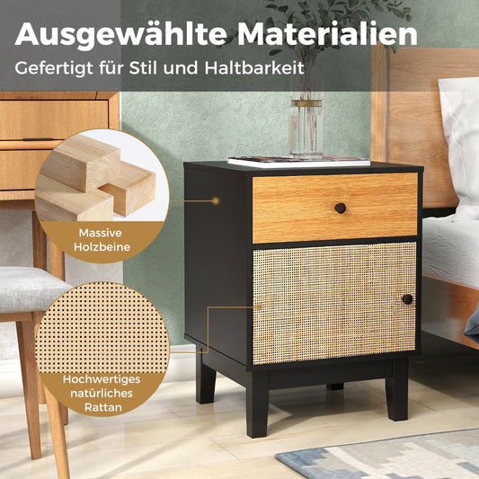 Boho Rattan Nightstand Bedside Table with Solid Wood Legs-Black