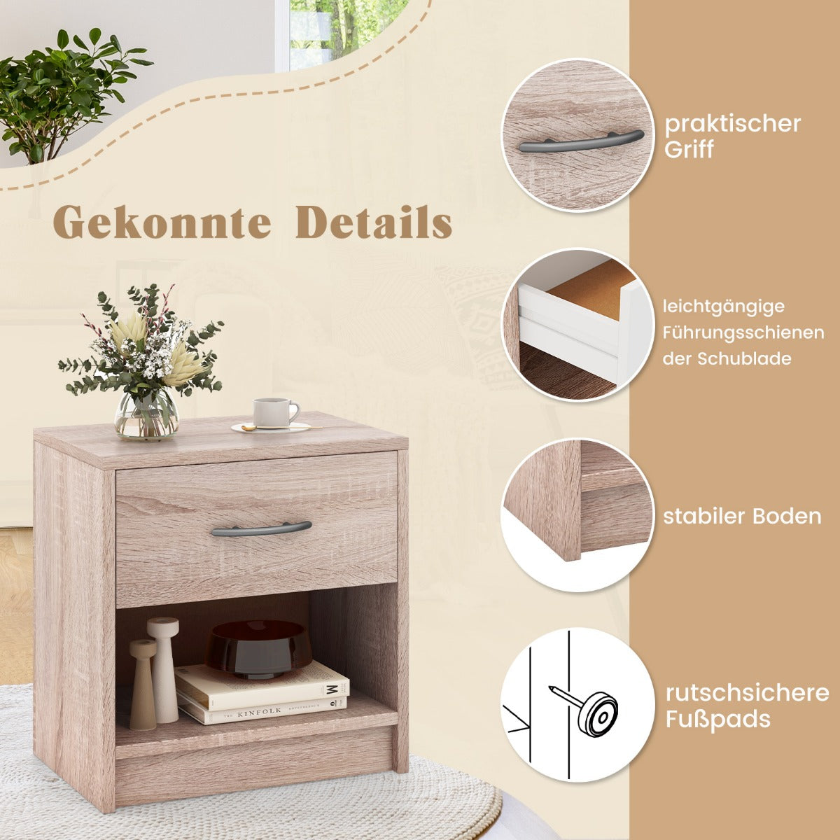 Bedside Table Nightstand with Drawer and Open Storage Shelf-Natural