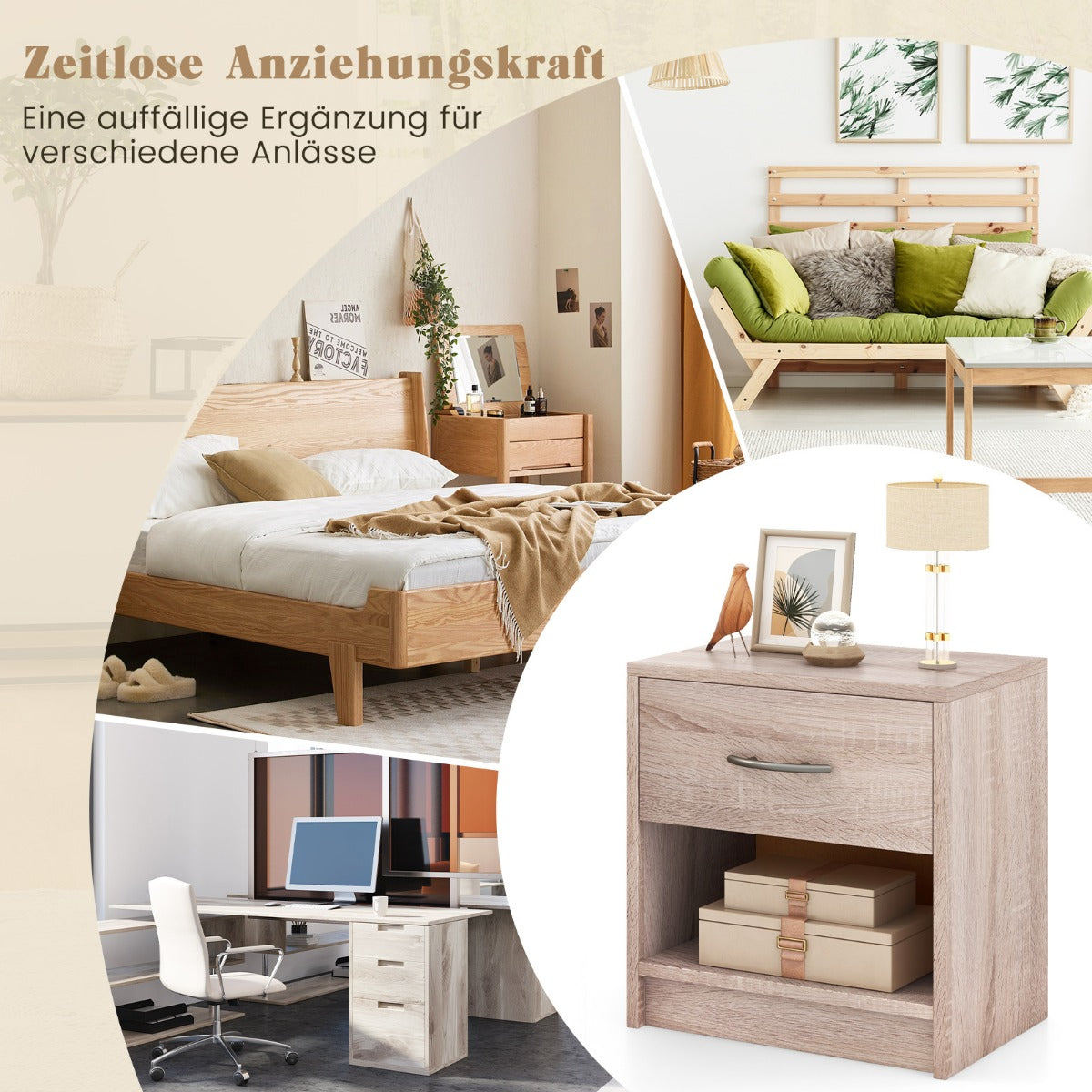 Bedside Table Nightstand with Drawer and Open Storage Shelf-Natural