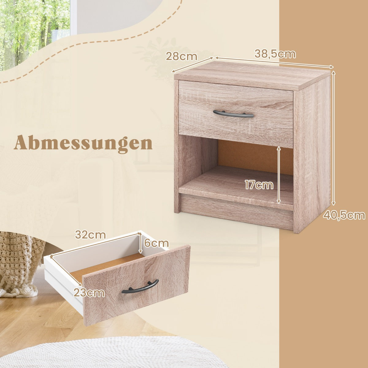 Bedside Table Nightstand with Drawer and Open Storage Shelf-Natural
