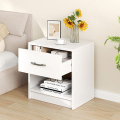 Bedside Table Nightstand with Drawer and Open Storage Shelf-White
