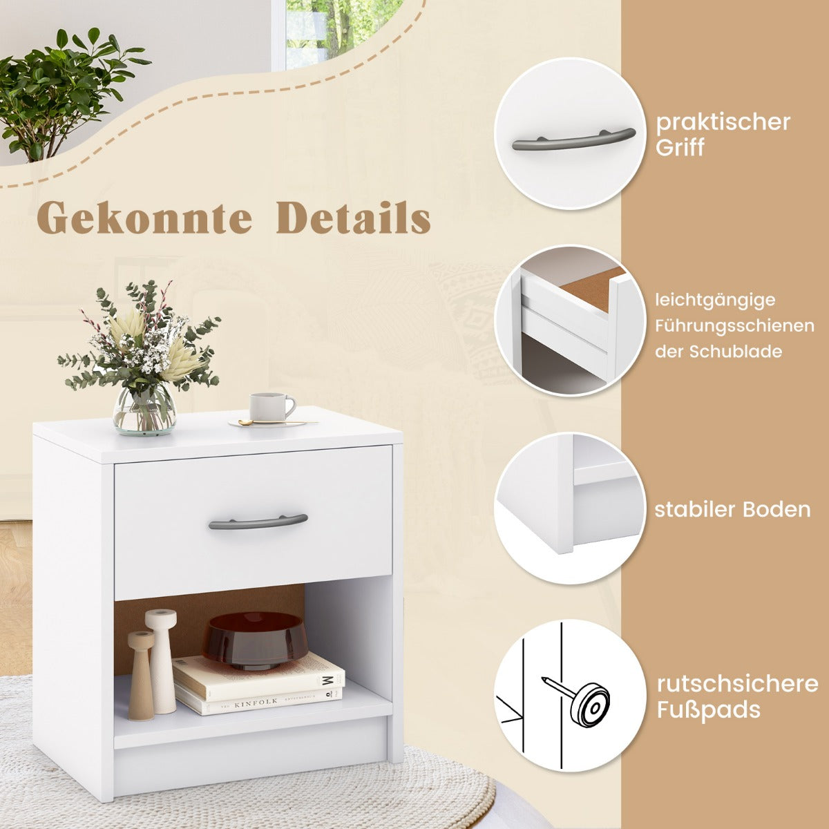 Bedside Table Nightstand with Drawer and Open Storage Shelf-White