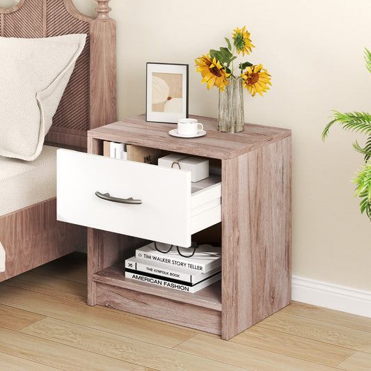 Bedside Table Nightstand with Drawer and Open Storage Shelf-Oak