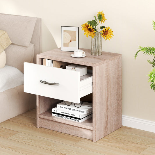 Bedside Table Nightstand with Drawer and Open Storage Shelf-Natural & White