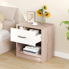 Bedside Table Nightstand with Drawer and Open Storage Shelf-Natural & White