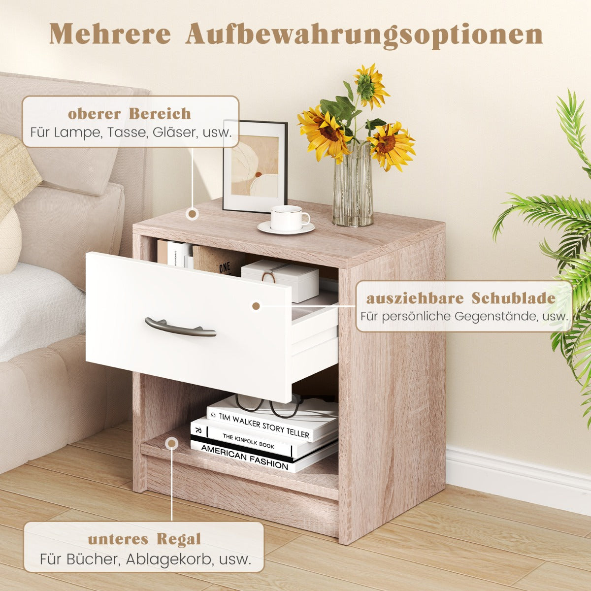 Bedside Table Nightstand with Drawer and Open Storage Shelf-Natural & White