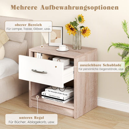 Bedside Table Nightstand with Drawer and Open Storage Shelf-Natural & White