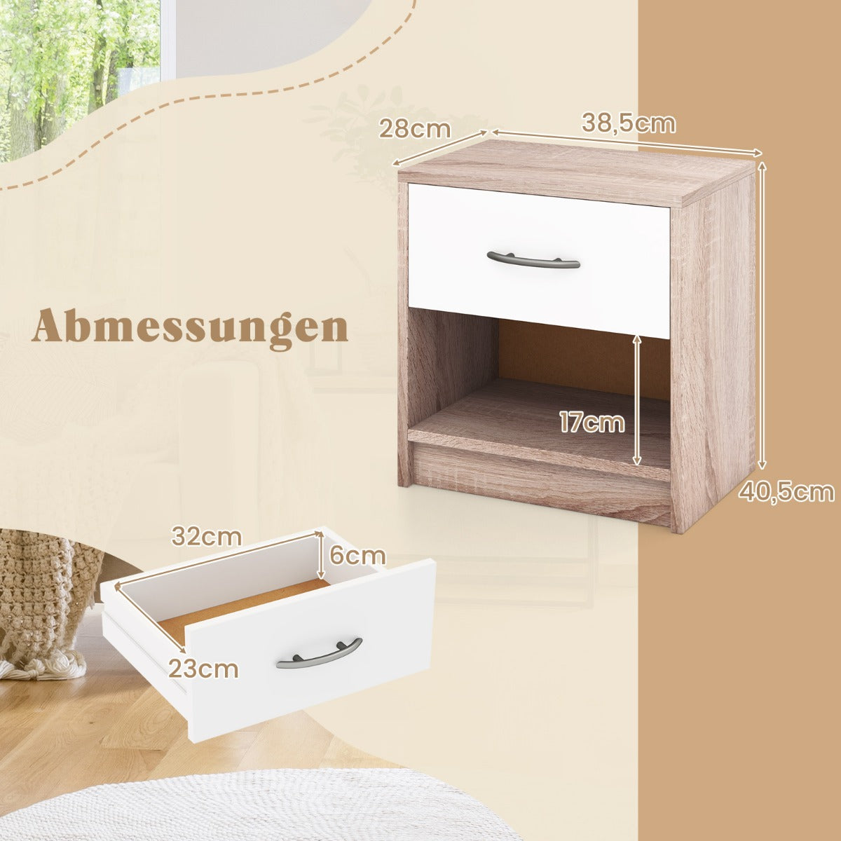 Bedside Table Nightstand with Drawer and Open Storage Shelf-Natural & White