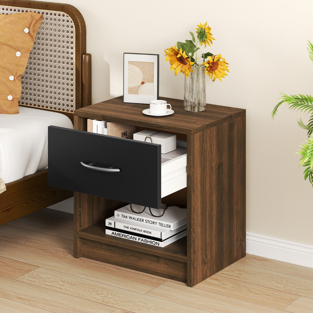 Bedside Table Nightstand with Drawer and Open Storage Shelf-Brown