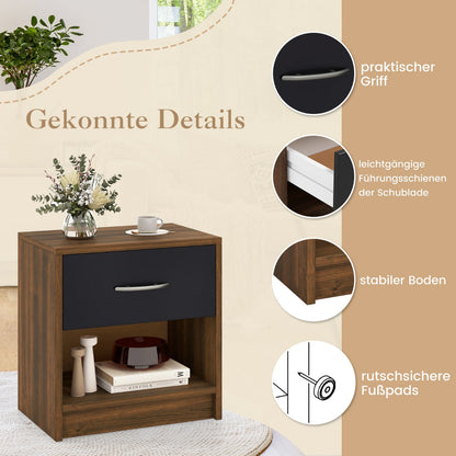 Bedside Table Nightstand with Drawer and Open Storage Shelf-Brown