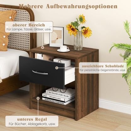 Bedside Table Nightstand with Drawer and Open Storage Shelf-Brown