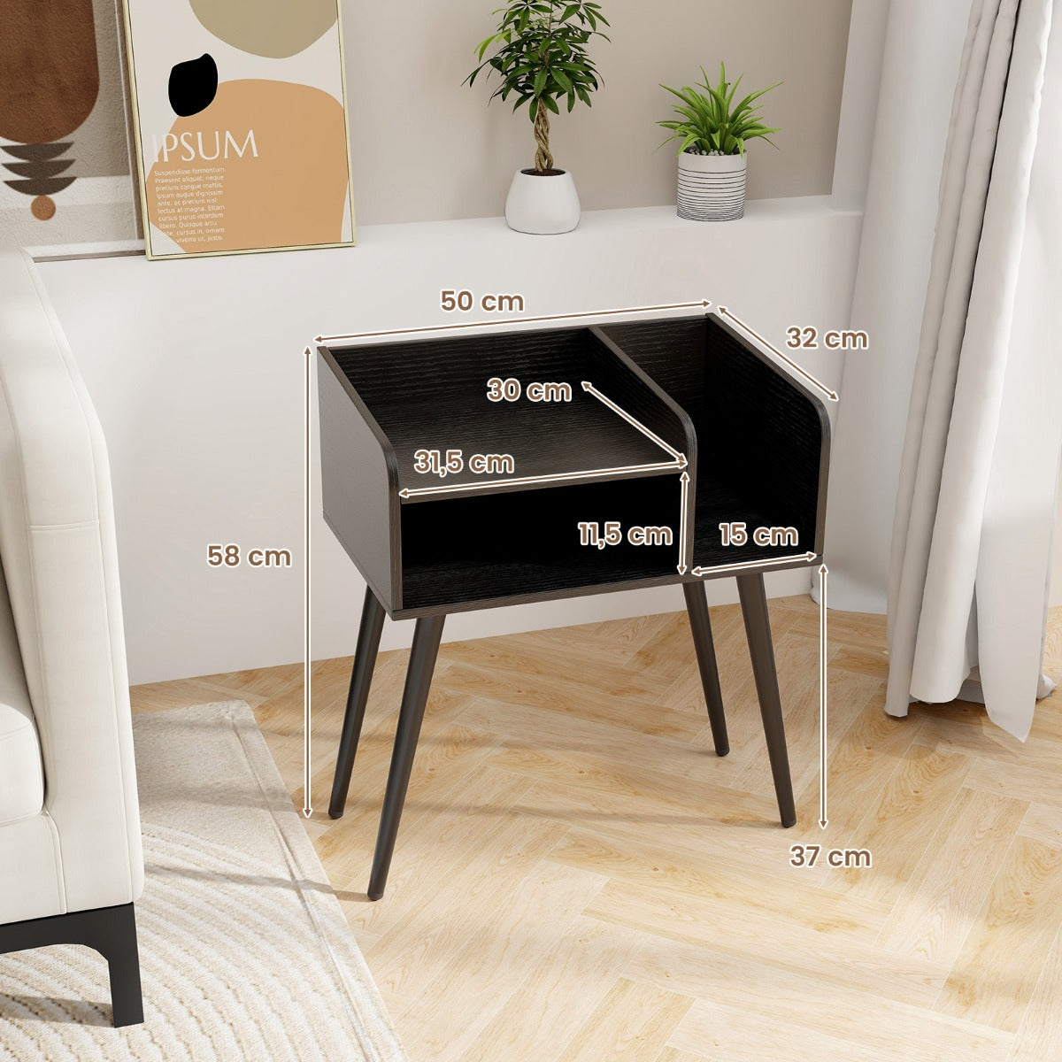 Mid Century Modern Nightstand  with Open Shelves-Black