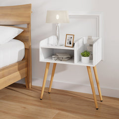 Mid Century Modern Nightstand  with Open Shelves-White