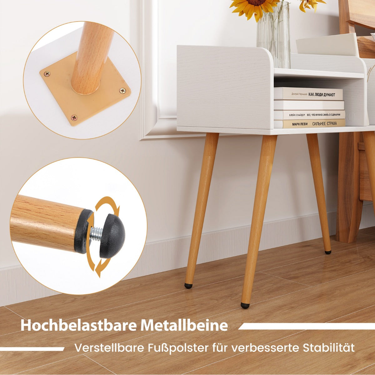 Mid Century Modern Nightstand  with Open Shelves-White