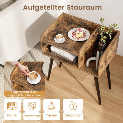 Mid Century Modern Nightstand  with Open Shelves-Brown