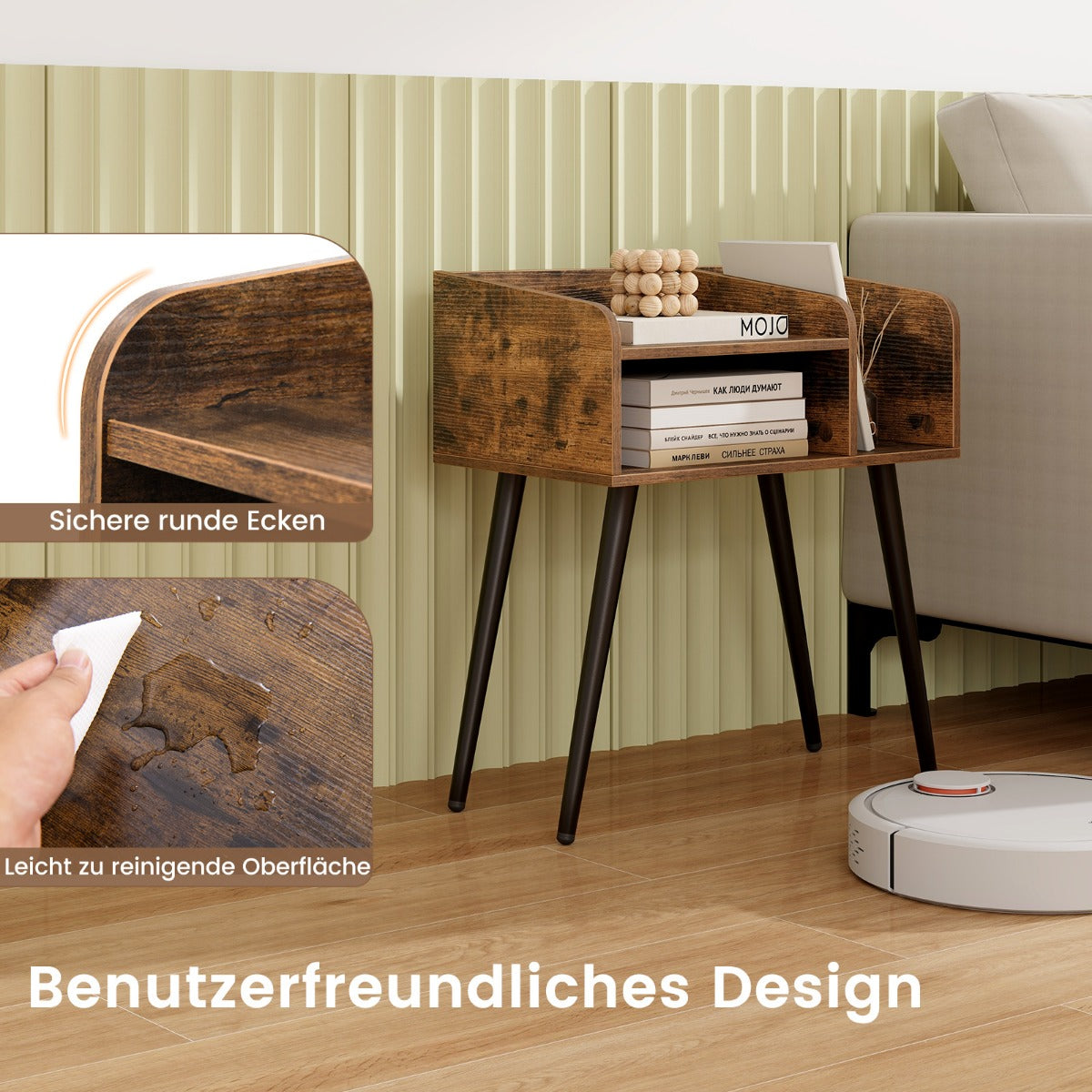 Mid Century Modern Nightstand  with Open Shelves-Brown