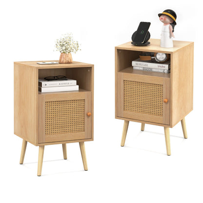 Rattan Nightstand with Storage and PE Rattan Decorated Door-Natural-2 Pack