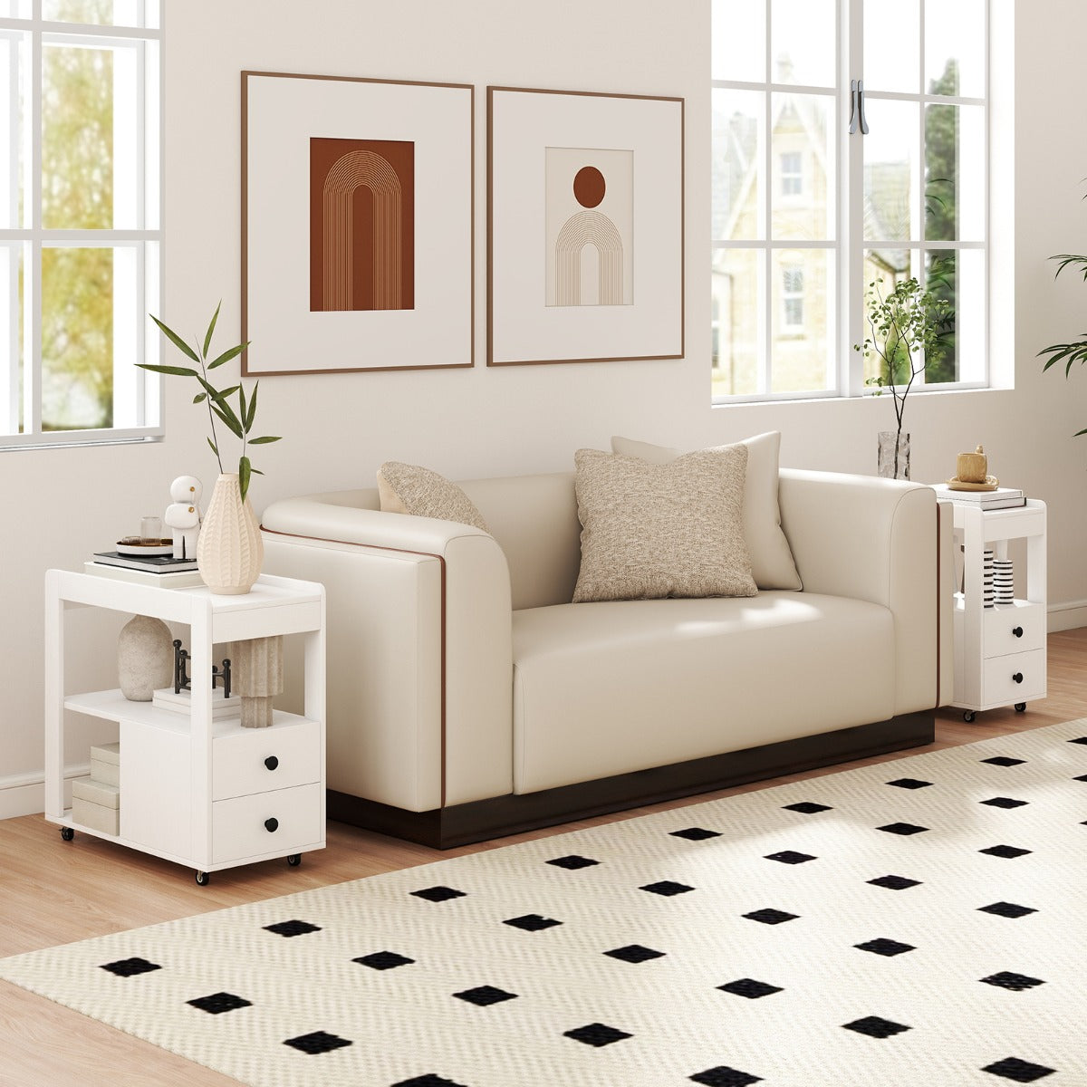 Modern 2-Drawer Sofa Side Table with Open Shelves-White
