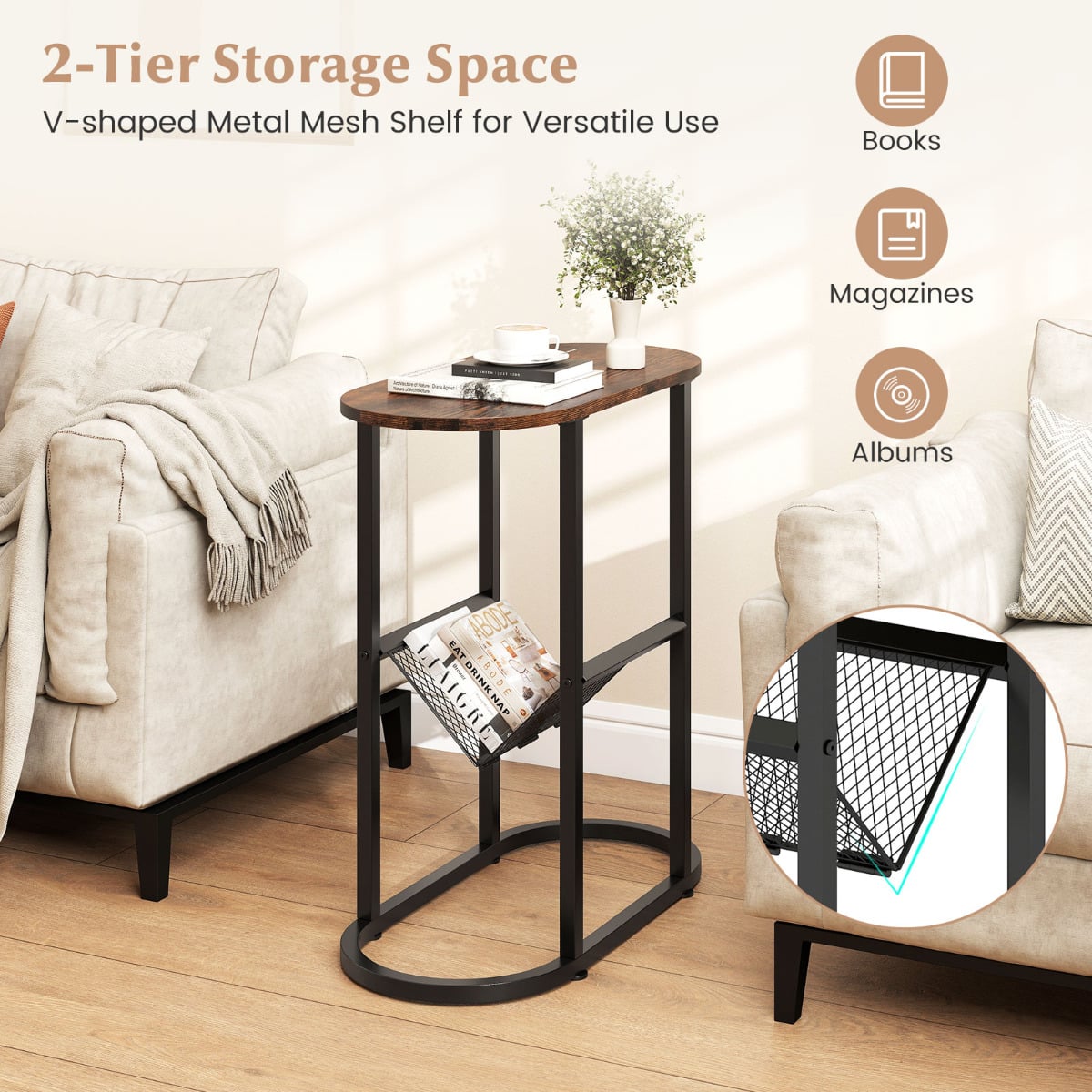 2-Tier Oval End Table Set of 2 Space-saving Slim Couch Side Table -Rustic Brown