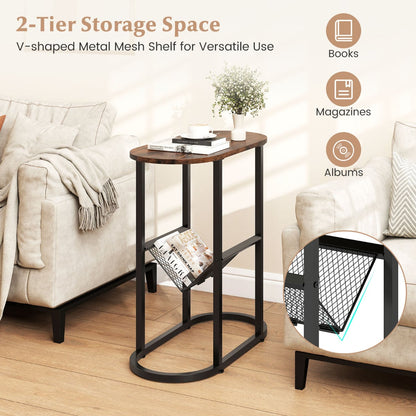 2-Tier Oval End Table Set of 2 Space-saving Slim Couch Side Table -Rustic Brown