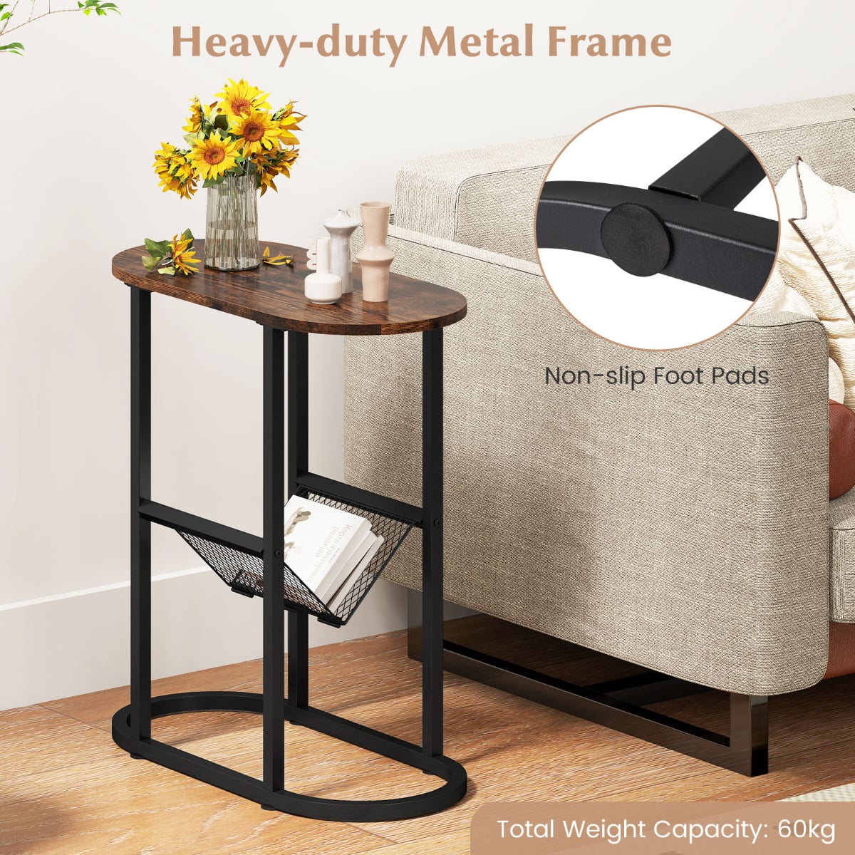 2-Tier Oval End Table Set of 2 Space-saving Slim Couch Side Table -Rustic Brown
