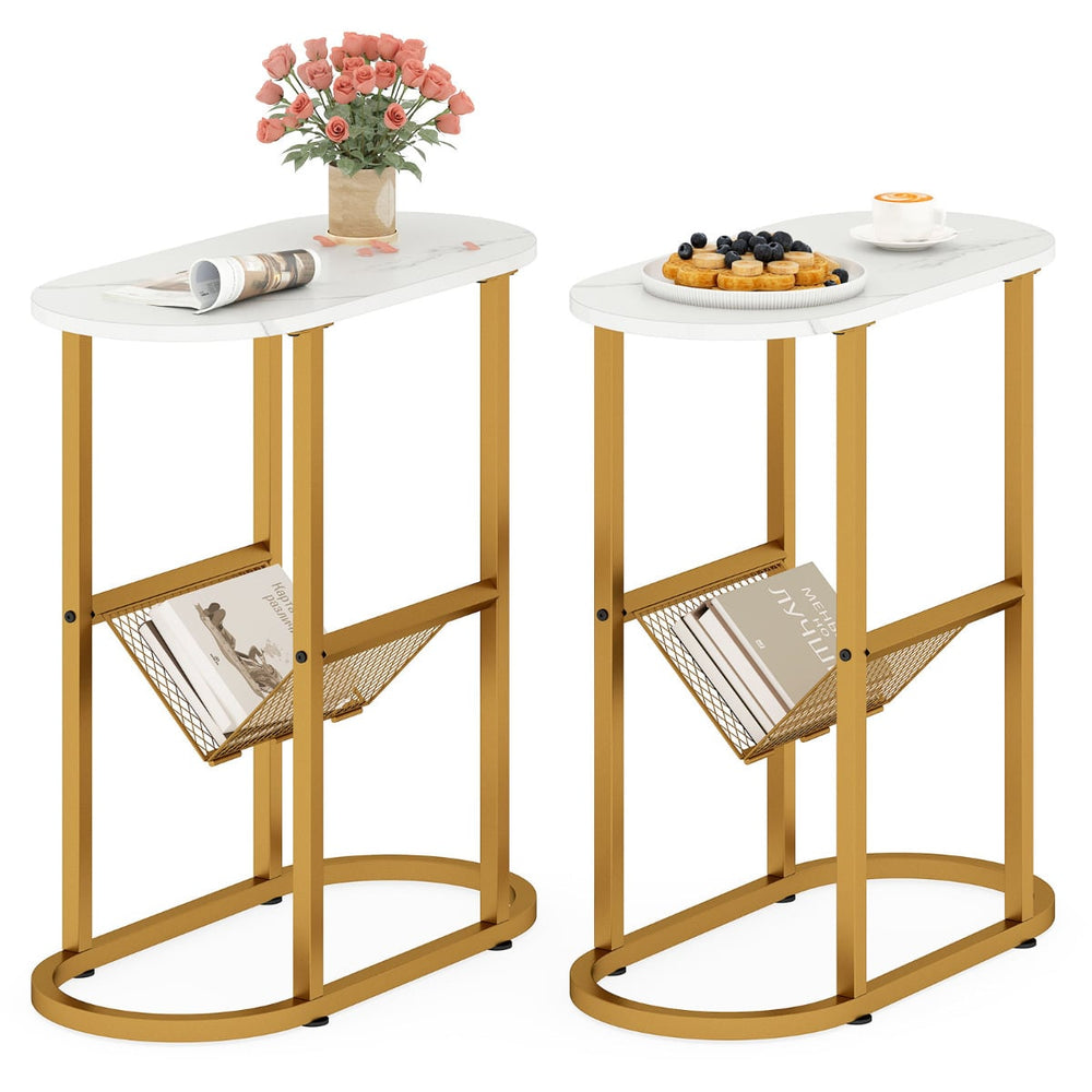 2-Tier Oval End Table Set of 2 Space-saving Slim Couch Side Table -White