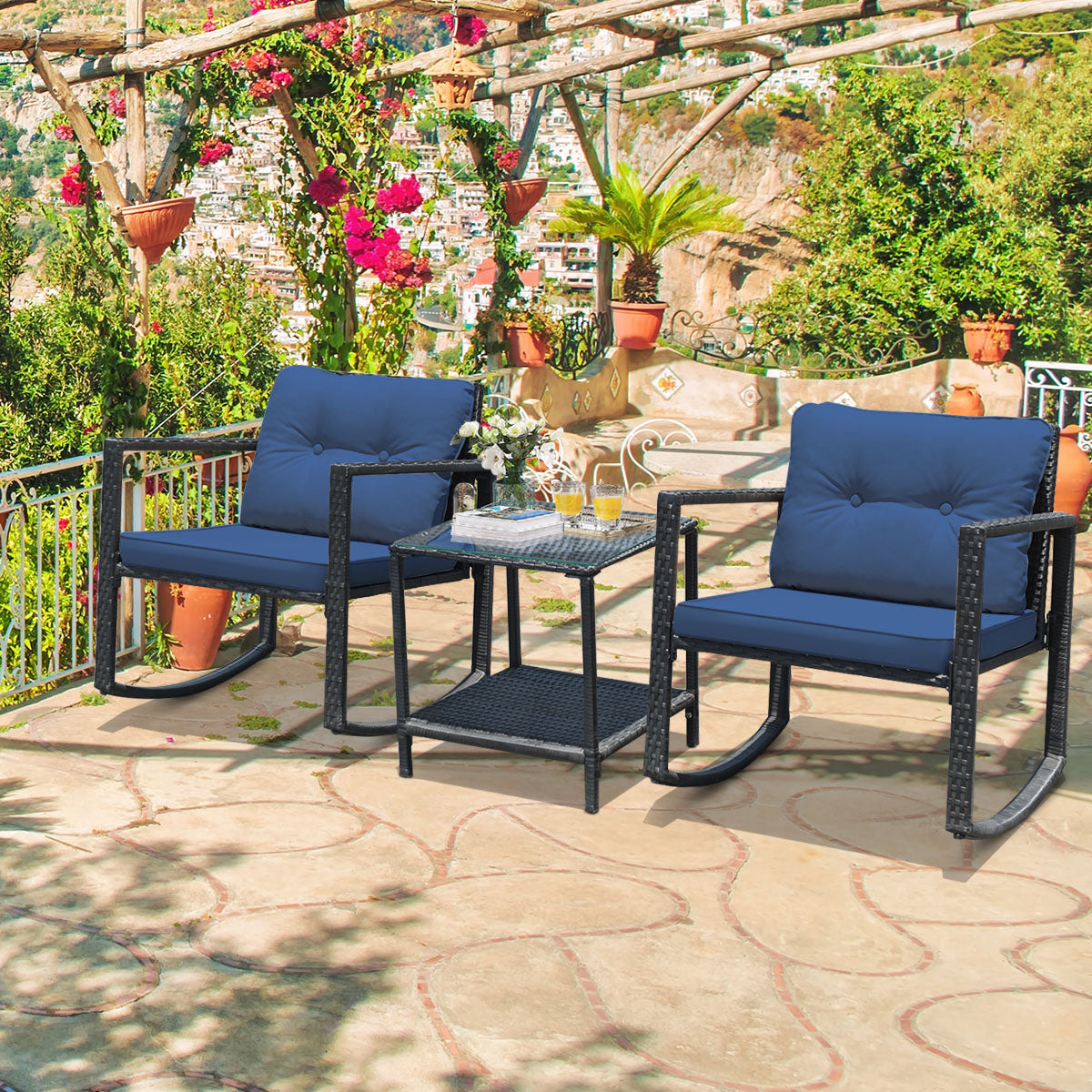 3 Pieces Outdoor Rocking Bistro Set PE Rattan with Cushions-Navy