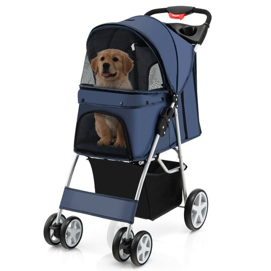 4-Wheel Folding Pet Stroller with Mesh Windows & Storage Basket-Navy