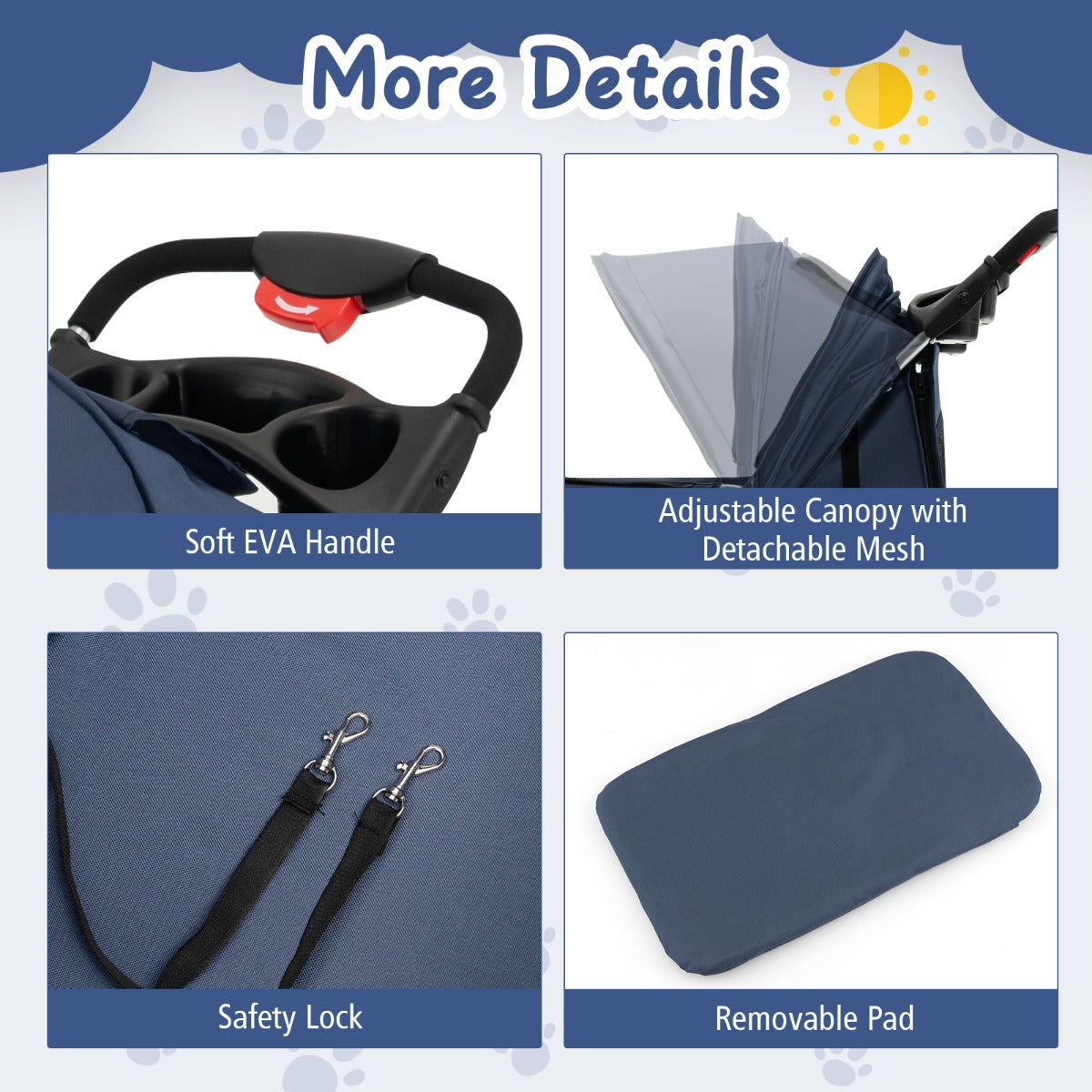 4-Wheel Folding Pet Stroller with Mesh Windows & Storage Basket-Navy