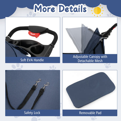 4-Wheel Folding Pet Stroller with Mesh Windows & Storage Basket-Navy