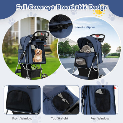 4-Wheel Folding Pet Stroller with Mesh Windows & Storage Basket-Navy