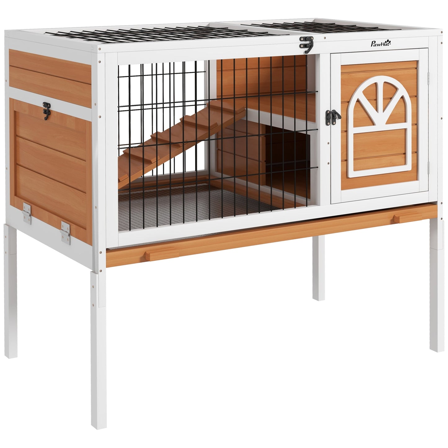 PawHut Wooden Rabbit Hutch, Guinea Pig Cage, with Removable Tray, Openable Roof