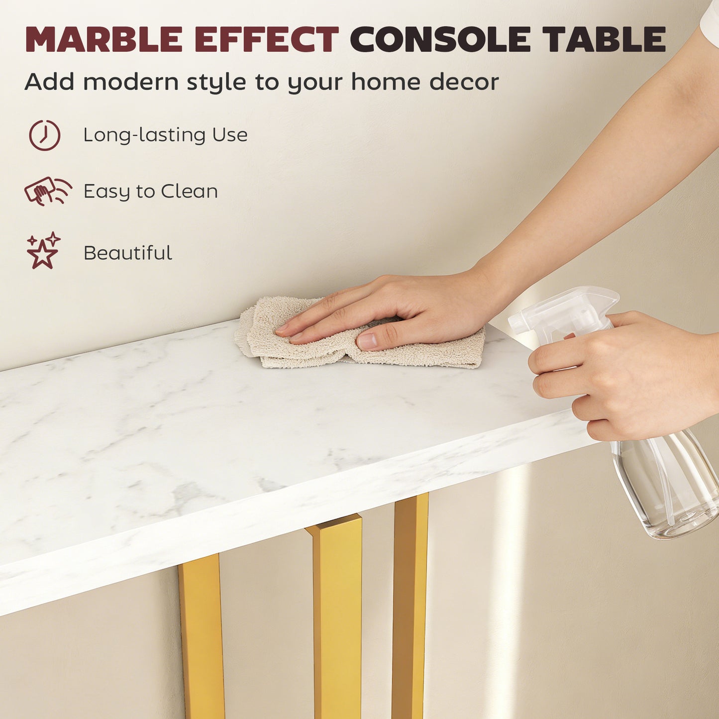 HOMCOM Console Table with Faux Marble Top, 100 cm Narrow Entryway Table with Anti-tipping Device, Steel Frame, White