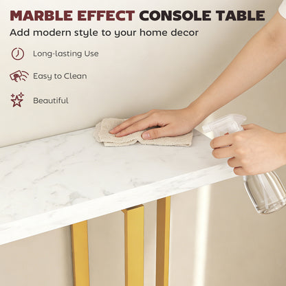 HOMCOM Console Table with Faux Marble Top, 100 cm Narrow Entryway Table with Anti-tipping Device, Steel Frame, White